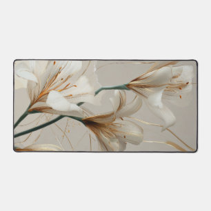 White Lily Gold Minimalist Elegant Neutral Desk Mat