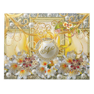 White Lily Gold Tree Silver Pearls Damask Abstract Notepad