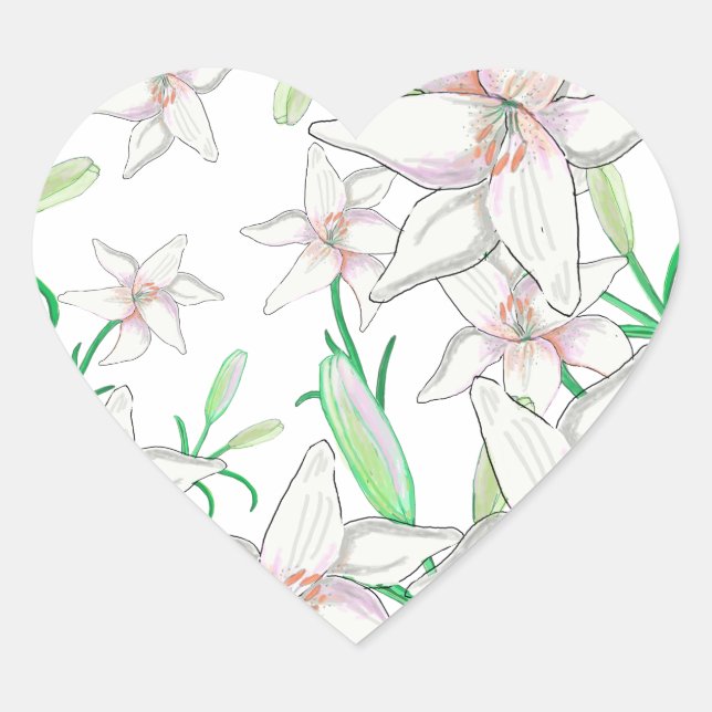 White Lily Illustration   Heart Sticker (Front)