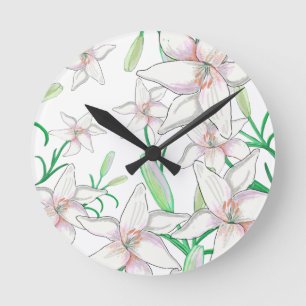 White Lily Illustration Round Clock