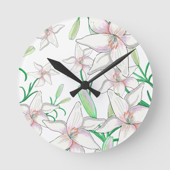 White Lily Illustration  Round Clock (Front)