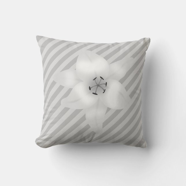 White Lily on a Grey Stripe Pattern. Cushion (Front)