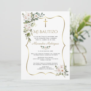 White Lily Rose Bautizo Con Flores Gold Baptism  Invitation