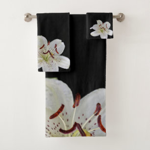 White Lily with Purple Centre on Black Background Bath Towel Set