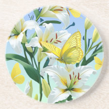 White Lily, Yellow Butterfly Coaster - Vivid