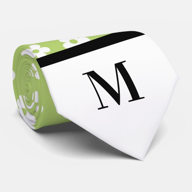 White & Lime Daisies Monogramed Necktie (Rolled)