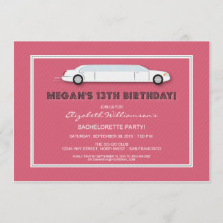 White Limo Birthday Party Invitation (pink)