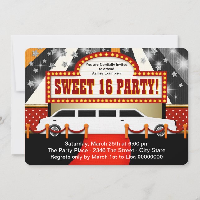 White Limo Movie Star Sweet 16 Party Invitation (Front)