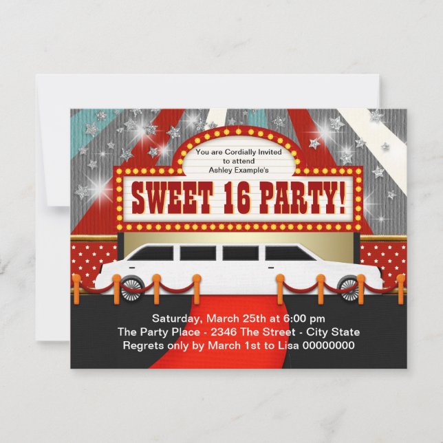 White Limo Movie Star Sweet 16 Party Invitation (Front)