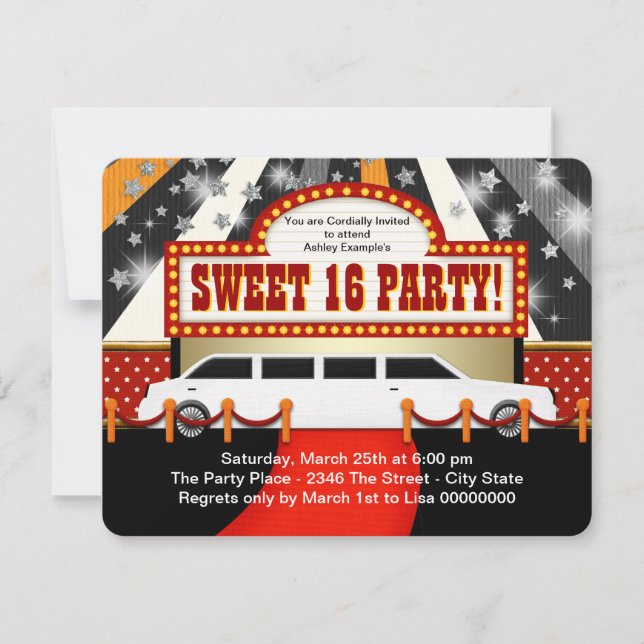White Limo Movie Star Sweet 16 Party Invitation (Front)