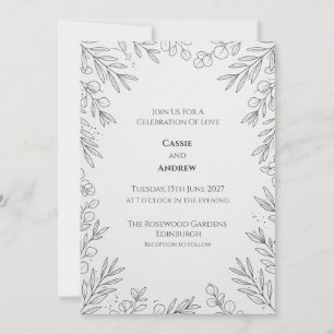 White Line Art Botanical Wedding Invitation