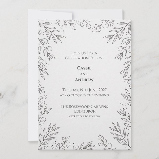 White Line Art Botanical Wedding Invitation (Front)