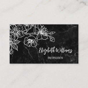 White Line Art Floral Black Marble QR Code Business Card