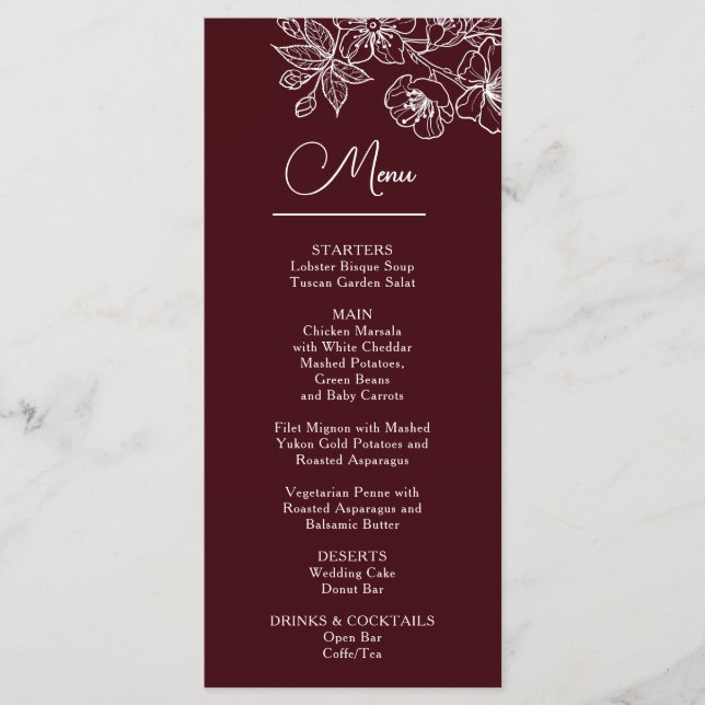 White Line Art Flowers Deep Burgundy Wedding Menu (Front)