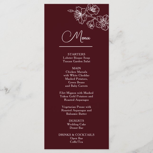 White Line Art Flowers Deep Burgundy Wedding Menu (Front)