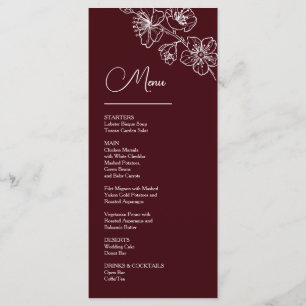 White Line Art Flowers Deep Burgundy Wedding Menu