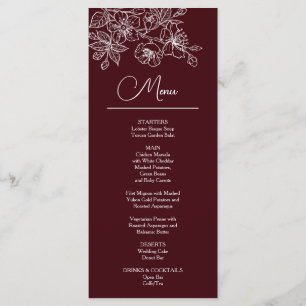 White Line Art Flowers Deep Burgundy Wedding Menu