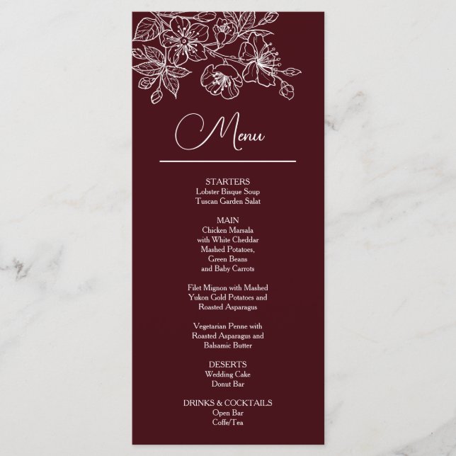 White Line Art Flowers Deep Burgundy Wedding Menu (Front)