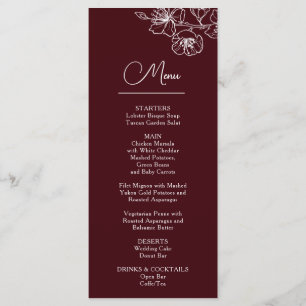 White Line Art Flowers Deep Burgundy Wedding Menu
