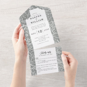 white line art flowers on sage background wedding all in one invitation