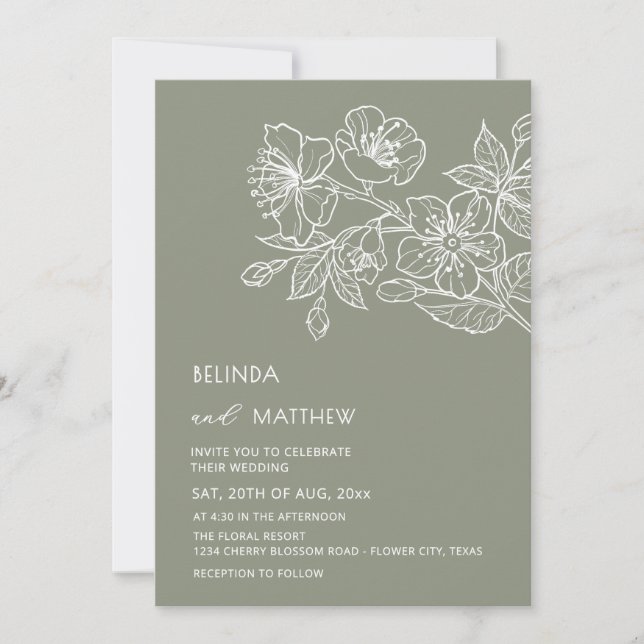 White Line Art Flowers Sage Green Casual Wedding Invitation (Front)