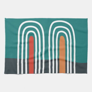 White line art rainbow in red blue background tea towel