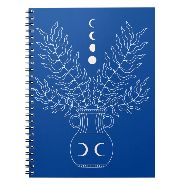White line art vase moon phases plant leaves notebook (Front)