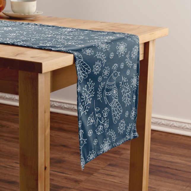 White Line Nordic Bird Pattern on Blue Medium Table Runner (In Situ)