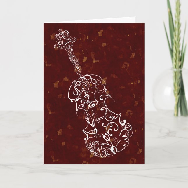 White Line Violin Drawing on Deep Red Background Card (Front)