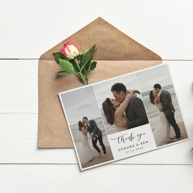 White Lined Back 3 Photo Collage Wedding Thank You Card (Creator Uploaded)
