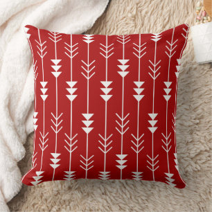 White Lines and Arrows Pattern on Red Background Cushion