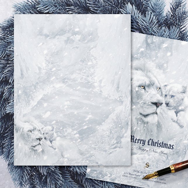 White Lion & Cub on Ice - Holiday Stationery Paper Custom Letterhead (Creator Uploaded)