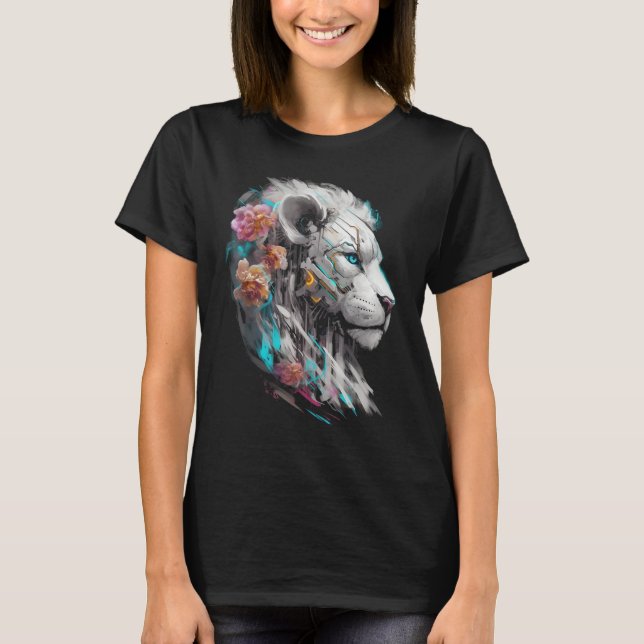 White Lion Fantasy Flowers  Blue Eyes Animal Lion T-Shirt (Front)