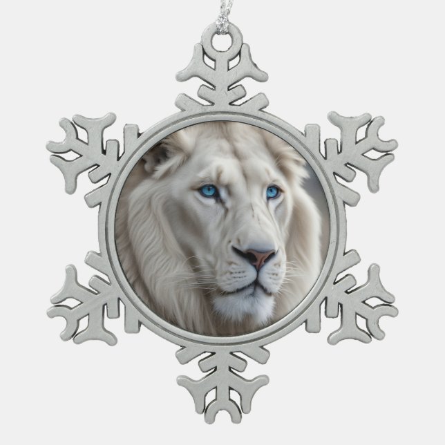 White Lion Snowflake Pewter Christmas Ornament (Front)
