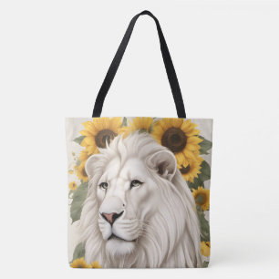 White Lion Sunflower Design Wildlife Safari Lion Tote Bag