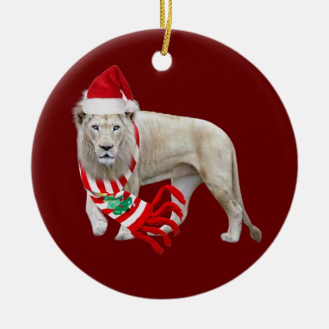 White lion With Hat Scaft Christmas Ceramic Tree Decoration (Front)