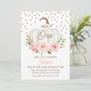 White Little Pumpkin Floral 1st Birthday Invitation