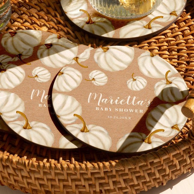 White Little pumpkin kraft fall baby shower Round Paper Coaster (White Little pumpkin kraft fall baby shower Round Paper Coaster)