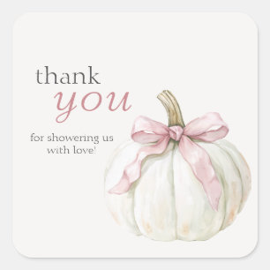 White Little Pumpkin Pink Bow Baby Shower Thanks Square Sticker
