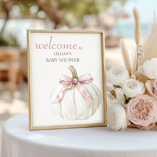 White Little Pumpkin Pink Bow Baby Shower Welcome Poster