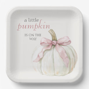 White Little Pumpkin Pink Bow Girl Baby Shower  Paper Plate