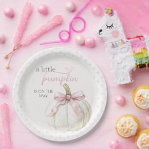 White Little Pumpkin Pink Polka Dots Baby Shower Paper Plate