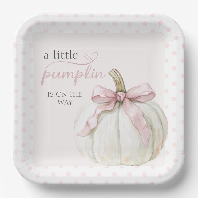 White Little Pumpkin Pink Polka Dots Baby Shower Paper Plate (Front)