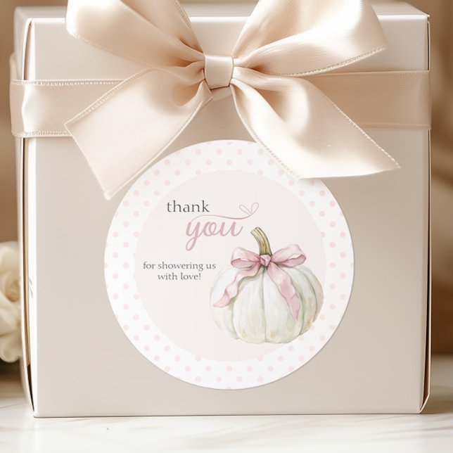 White Little Pumpkin Pink Polka Dots Thanks Classic Round Sticker (Creator Uploaded)