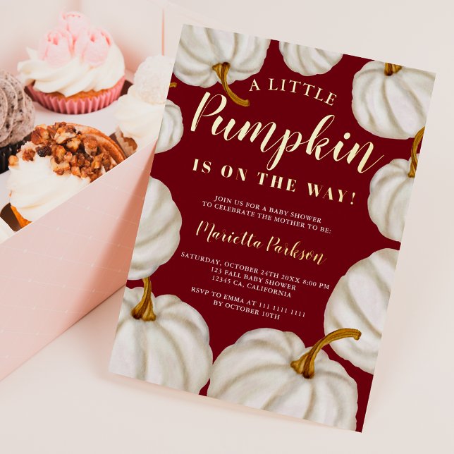 White Little pumpkin red fall baby shower (White Little pumpkin red fall baby shower Foil Invitation)