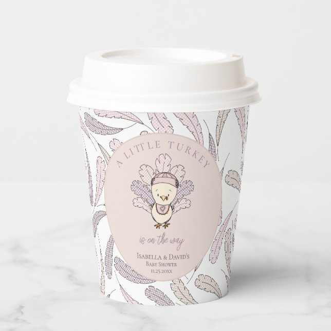 White Little Turkey Feathers Fall Girl Baby Shower Paper Cups (Front)