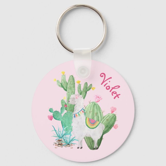 White Llama & Cactus w Flowers - Pastel Pink Key Ring (Front)