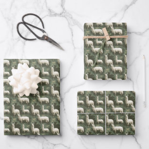 White Llamas on Green Wrapping Paper Sheet