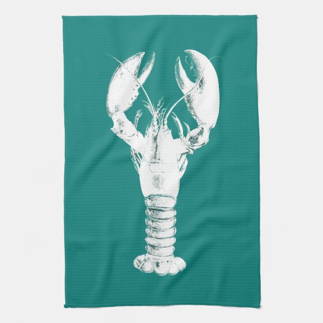 White Lobster on Turquoise / Teal Tea Towel (Vertical)