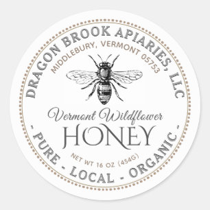 White Local Organic Honey Label with honeybee
